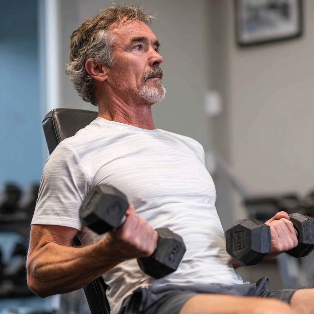 Чоловік 55 років виконує силові вправи у фітнес-залі prendorak, демонструє правильну техніку з гантелями