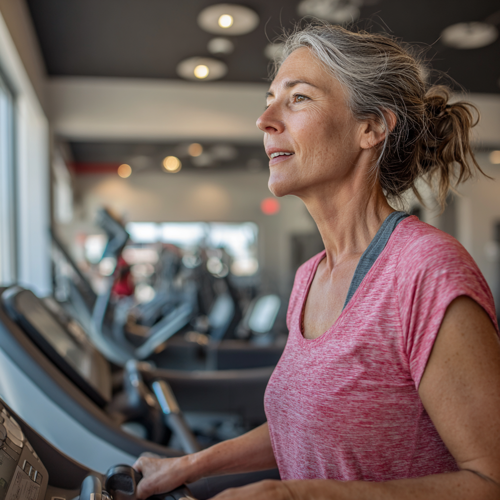 Жінка 58 років займається кардіо-тренуванням на біговій доріжці у світлому залі prendorak