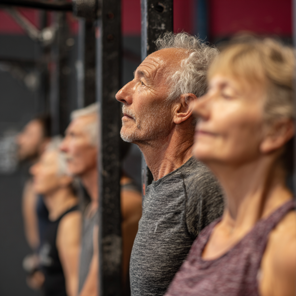 Група людей віком 50-60 років займається функціональним тренуванням у групі під керівництвом тренера prendorak